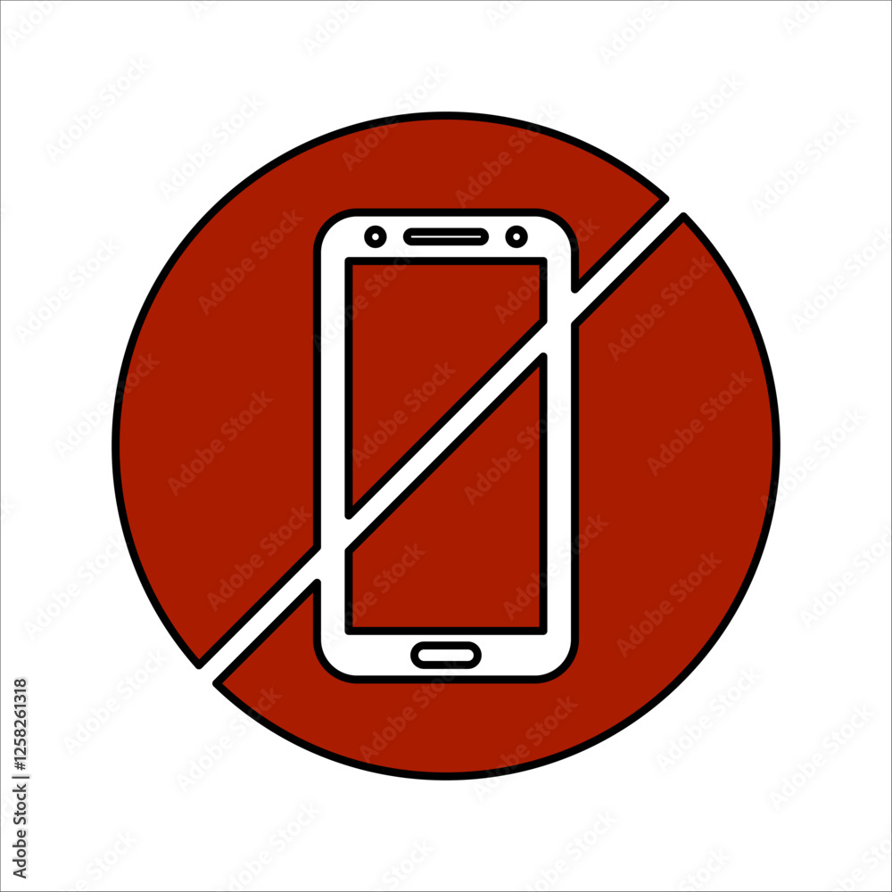 No cell phone sign or do not ring or turn off phone icon in black on black and white background. No cell phone sign or do not ring or turn off phone icon in black on black and white background.