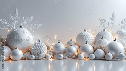 White Christmas background with Christmas balls and decoration Happy Christmas ai genrative photo