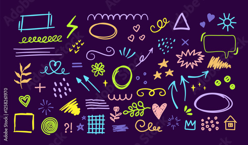 Collection of colorful hand-drawn doodles, symbols, arrows, hearts, and abstract elements on dark background. Perfect for highlights, creative design, and decorations.