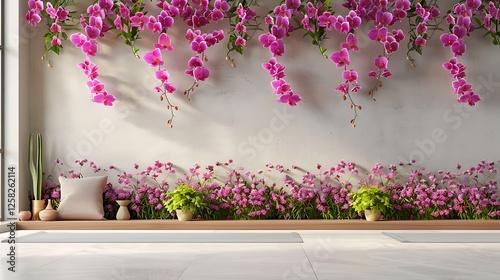 Stunning 3D mural of orchids on a wall, with a serene yoga studio mockup on the side.