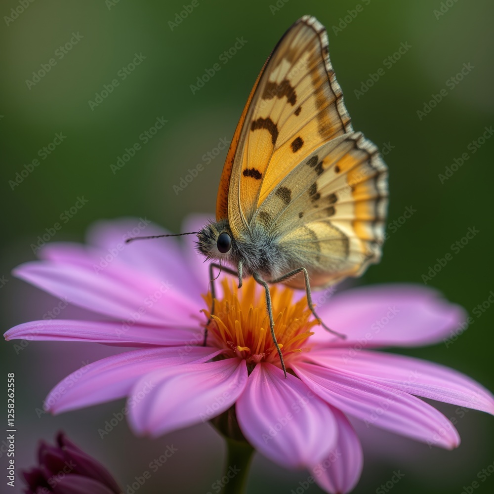 Obraz premium Delicate orange and white butterfly perched gracefully on a vibrant pink flower in a serene natural setting perfect for themes of beauty and tranquility
