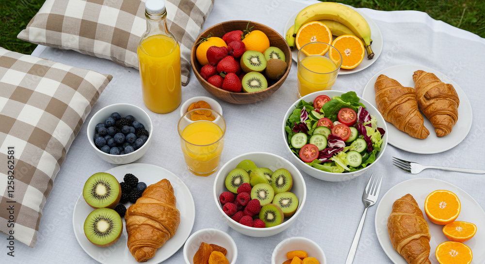 Top-View of a White Tablecloth Spread Outdoors, Featuring Juicy Fruits, Ripe Berries, Vegetable Salad, Sweet Croissants, and Fresh Orange Juice, with a Cozy Plaid and Pillow on the Grass Top-View of a White Tablecloth Spread Outdoors, Featuring Juicy Fruits, Ripe Berries, Vegetable Salad, Sweet Croissants, and Fresh Orange Juice, with a Cozy Plaid and Pillow on the Grass
