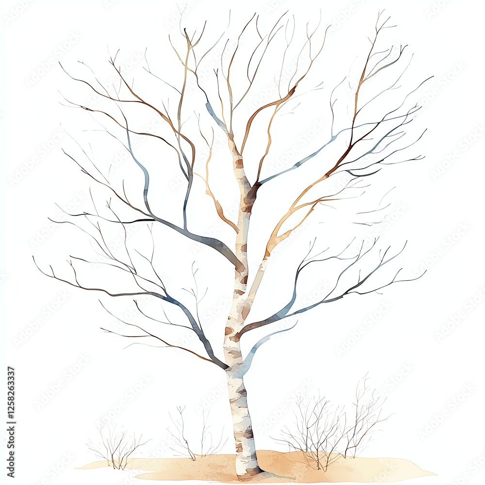 Fototapeta premium A beautifully illustrated, leafless tree showcasing intricate branches against a white background, perfect for a minimalist decor.