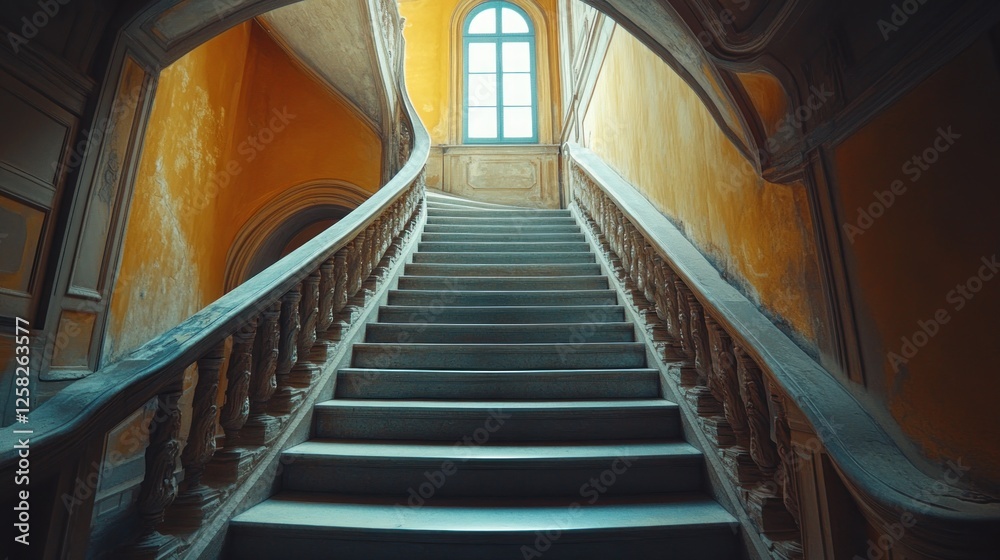 Obraz premium Grand marble staircase ascends in aged palace interior