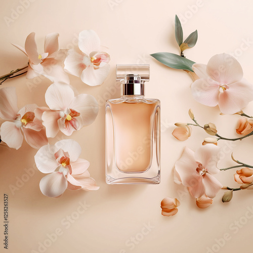 Perfume bottle with pale orchid and peach flowers at beige background, top.
