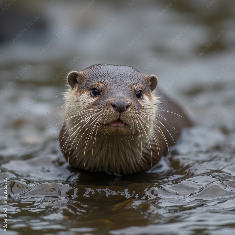 Playful otter swimming in water with open mouth and whiskers creating a joyful scene perfect for aquatic and wildlife photography