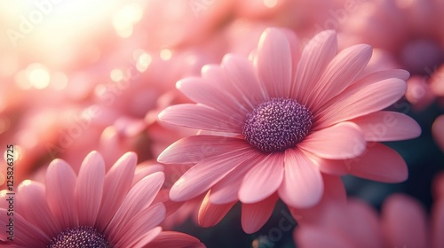 Close-up of vibrant pink daisies blooming in a sunlit garden, creating a serene and cheerful atmosphere