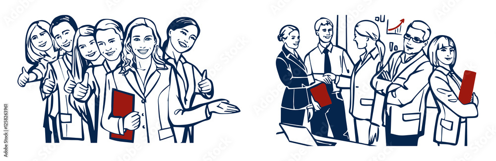 Hand-drawn business illustration of a successful team giving thumbs up and professionals shaking hands, symbolizing teamwork, partnership, success, and corporate growth Hand-drawn business illustration of a successful team giving thumbs up and professionals shaking hands, symbolizing teamwork, partnership, success, and corporate growth