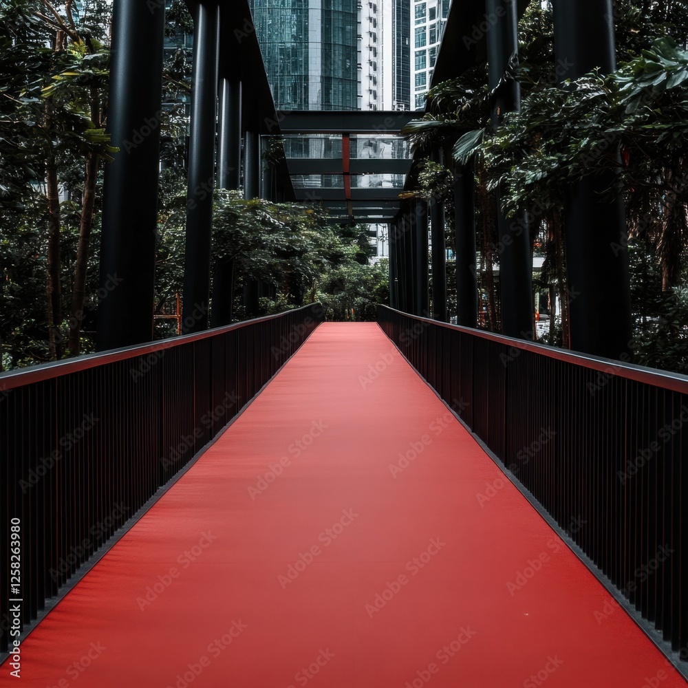 Obraz premium Crimson pathway extending between black railings towards a modern building in a green space.