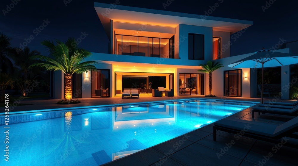 Fototapeta premium Luxury Modern Villa Night Poolside Scene