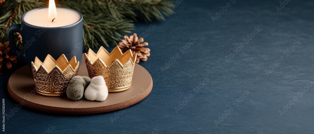 Candle and decorations on table with three gold crowns banner on blue background Candle and decorations on table with three gold crowns banner on blue background
