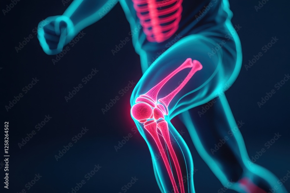 An abstract representation of a runner with highlighted skeletal elements showcasing movement and anatomy in a dynamic pose. An abstract representation of a runner with highlighted skeletal elements showcasing movement and anatomy in a dynamic pose.