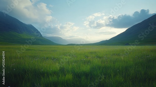 Highland valley sunset meadow serene landscape photography