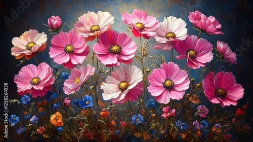 Vibrant bouquet of colorful flowers in a lush garden setting with a soft, dreamy background