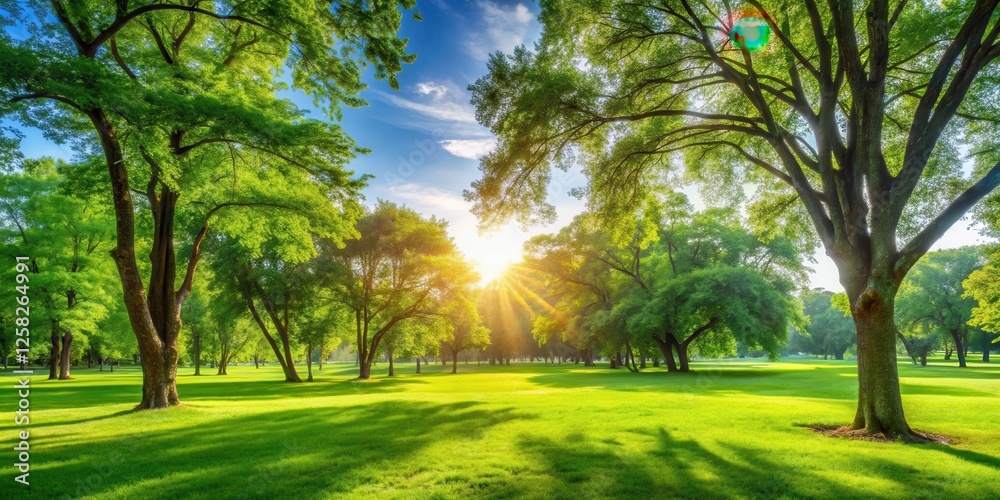 Obraz premium A picturesque scene of a lush green grassy field bathed in the golden rays of the setting sun, with a canopy of trees casting long shadows on the ground.