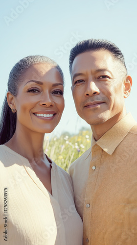 Financially successful couple, early retirement, active healthy lifestyle, African American woman, Asian man, 50s travel holiday, rich wealthy