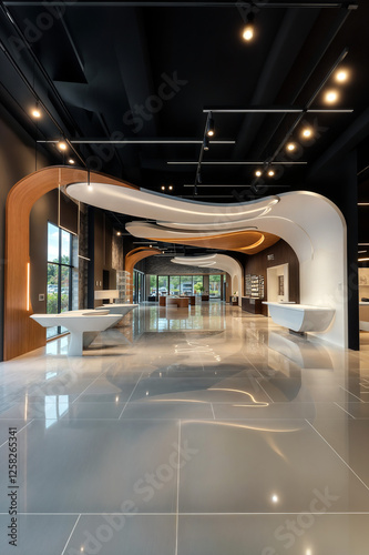 Contemporary black and white Retail Space Elegant wood curves Contrast