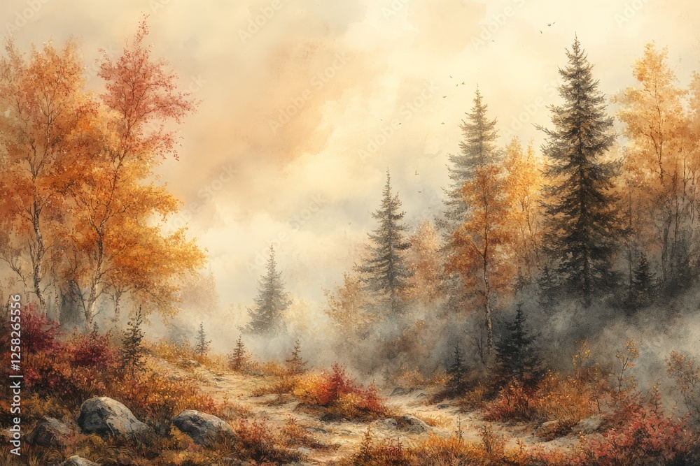 Fototapeta premium Autumn landscape showcasing vibrant trees and soft fog in a serene forest setting during the early morning