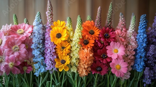 Vibrant bouquet of assorted flowers including daisies and lupines arranged beautifully indoors