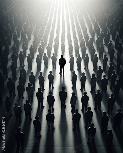 A solitary figure stands out against a vast expanse of shadows that envelop everything around them. Man of the Crowd, Leadership Concept