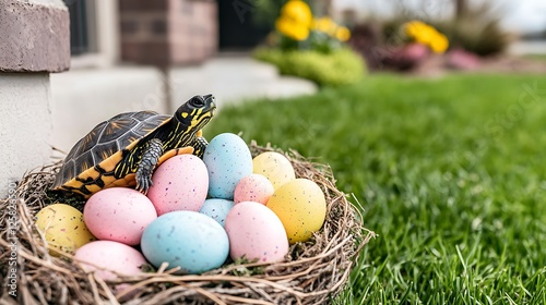 Turtle Among Easter Eggs Nest Celebrating Spring Time Holiday Season in Garden on Green Grass