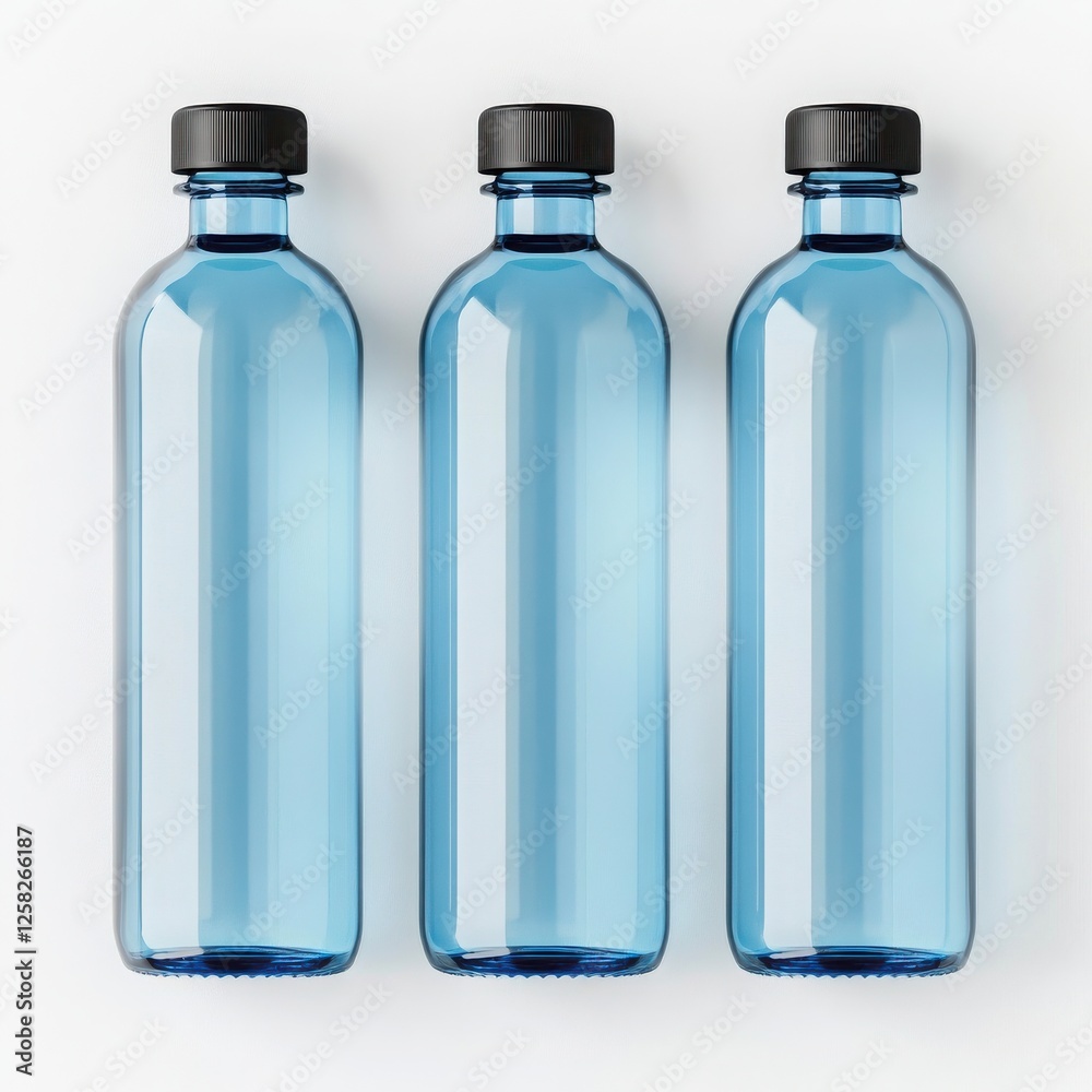 Naklejka premium Three transparent blue plastic bottles with black caps arranged in a row on a white background.