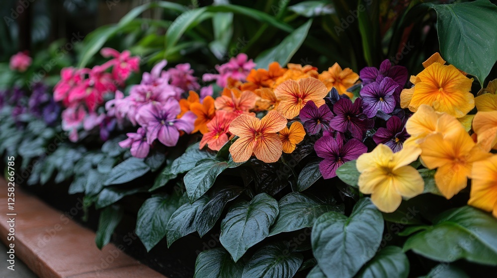 Obraz premium Vibrant display of blooming flowers in various colors, surrounded by lush green foliage in a garden