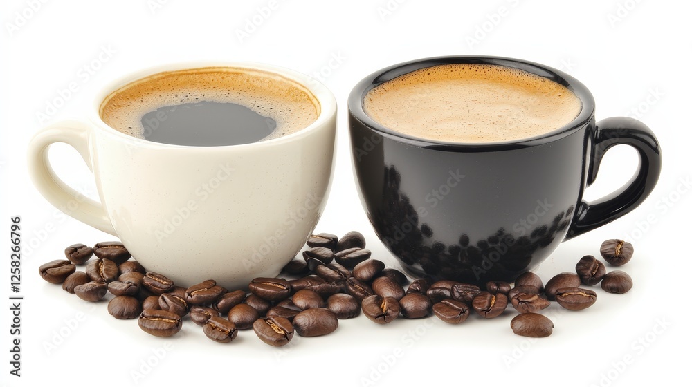 Freshly Brewed Coffee in White and Black Cups with Coffee Beans Freshly Brewed Coffee in White and Black Cups with Coffee Beans
