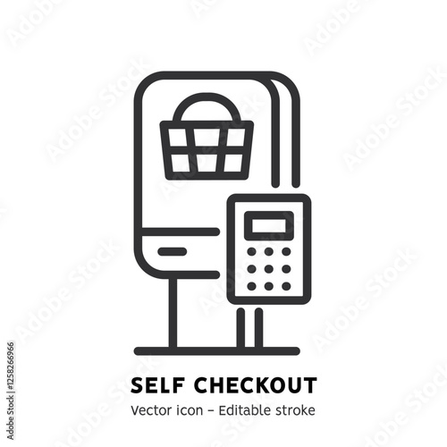 Self-service checkout line icon. Supermarket, grocery store with automated self-checkout terminal. Contactless payment, cashless paying, checkout self service flat outline icon. Editable stroke