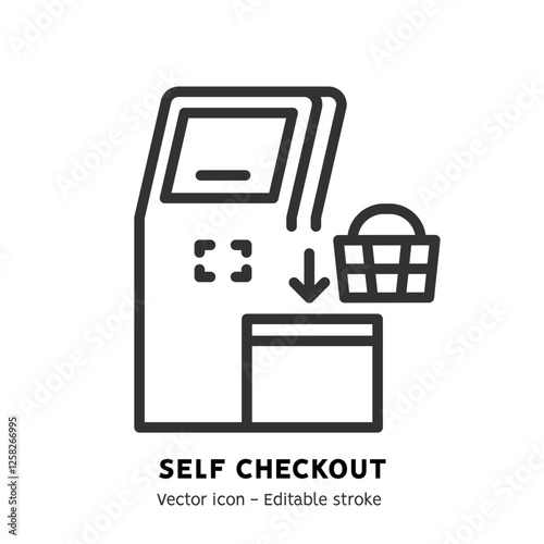 Self-service checkout line icon. Supermarket, grocery store with automated self-checkout terminal. Contactless payment, cashless paying, checkout self service flat outline icon. Editable stroke