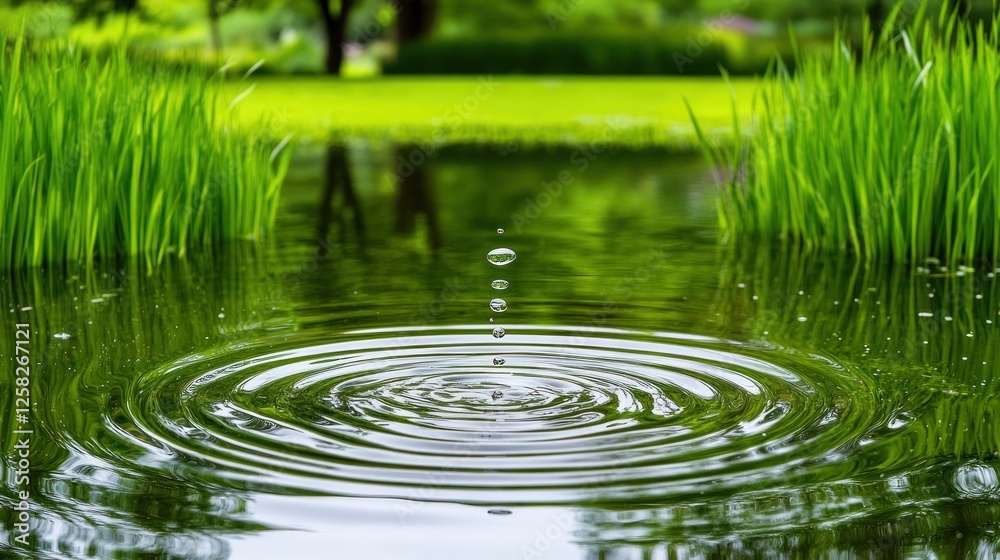 Water drop ripples pond, green grass, park background, nature serenity Water drop ripples pond, green grass, park background, nature serenity