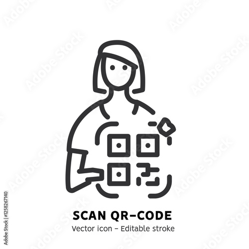 Scan qr-code line icon. Supermarket, grocery store with automated self-checkout terminal. Contactless payment, cashless paying, checkout self service flat outline icon. Editable stroke