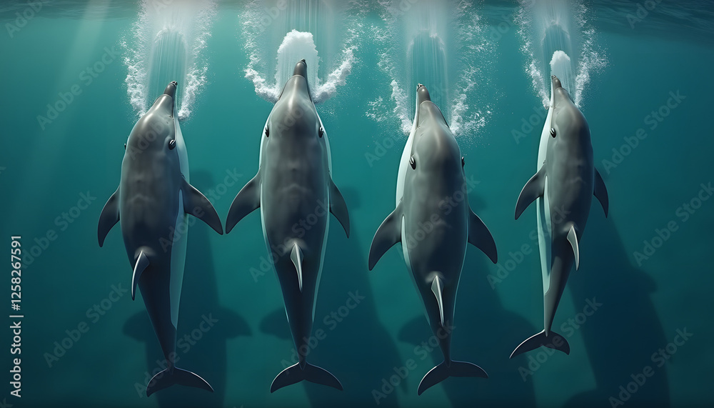 Naklejka premium Group of dolphins swimming together in clear blue water creating splashes