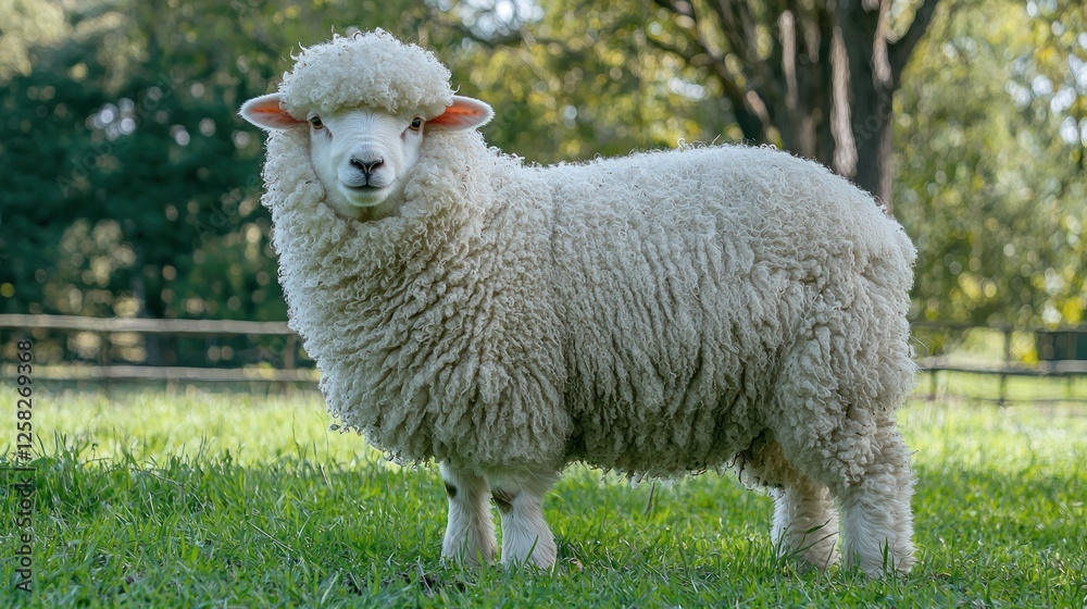A fluffy white lamb standing in a green meadow. A fluffy white lamb standing in a green meadow.