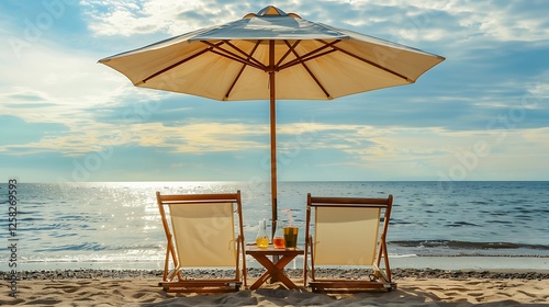 Two beach chairs under a large umbrella, facing the sea, with a small table holding refreshing drinks.