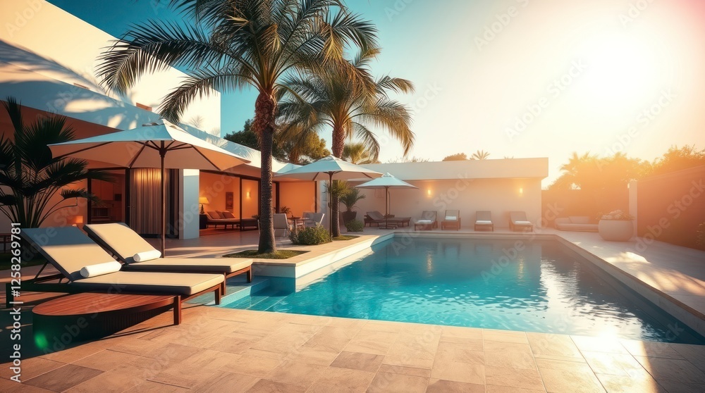 Fototapeta premium Luxury Pool Villa Sunset Paradise Vacation Rental