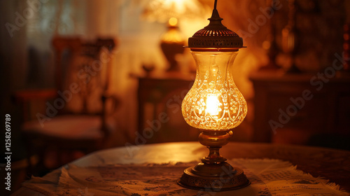 A brass oil lamp with intricate patterns, glowing softly in a dimly lit room with blurred vintage furniture in the background.