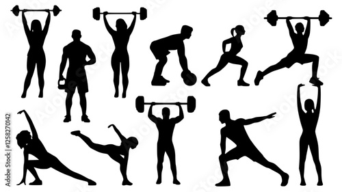 Silhouette von Menschen beim Fitness und Sport mit Hanteln und ohne