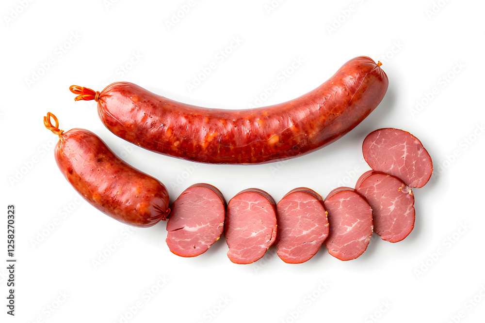 Sliced smoked sausage isolated on white background Sliced smoked sausage isolated on white background