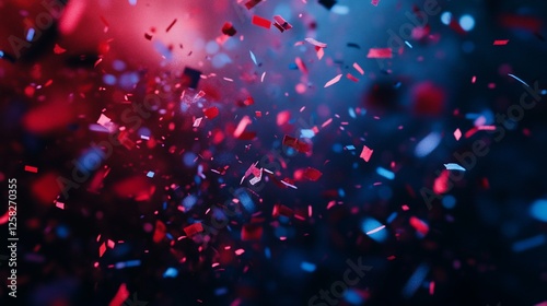 Red and blue confetti falling on a dark background