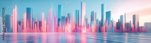 A vibrant city skyline reflects in water, showcasing tall buildings illuminated in shades of pink and blue, creating a futuristic atmosphere.