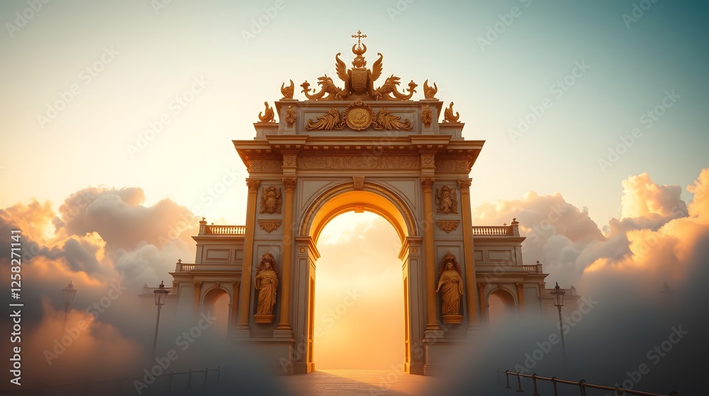 Fototapeta premium Grand Archway Rising Above Clouds with Golden Light and Statues