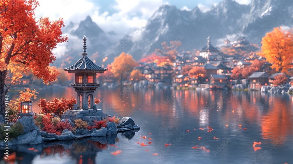 Obraz premium Autumnal Asian Village by Lakeside Pagoda