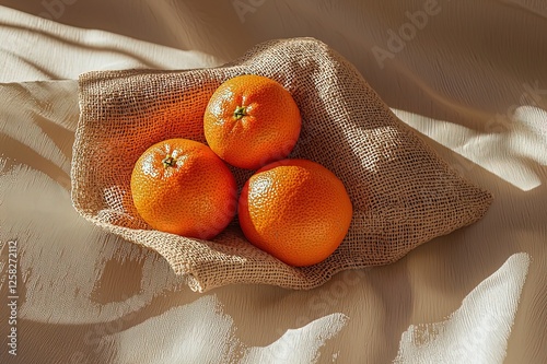 Tangerine Harvest Display - Burlap Bag Sunlight Top View