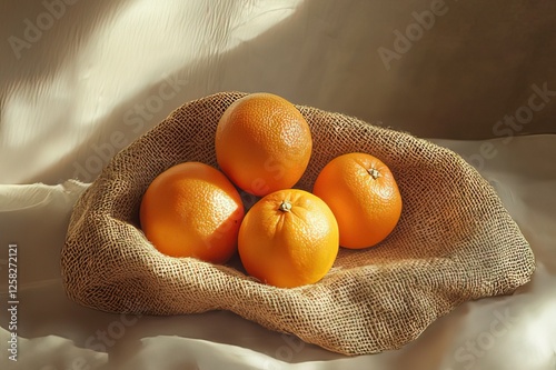 Tangerine Harvest Display - Burlap Bag Sunlight Top View