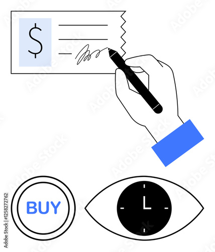 Hand signing check with pen, circular Buy button, and eye-shaped clock with black dial. Ideal for finance, time management, e-commerce, contracts, decision-making, deadlines and abstract line flat