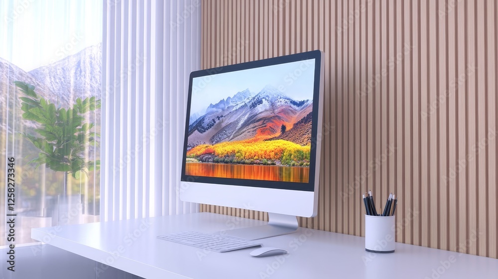 Fototapeta premium Modern workspace featuring a sleek computer setup with a vibrant mountain landscape background