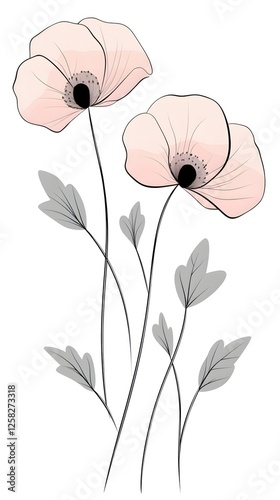 Delicate Floral Arrangement of Light Pink Poppies with Gray Leaves on White