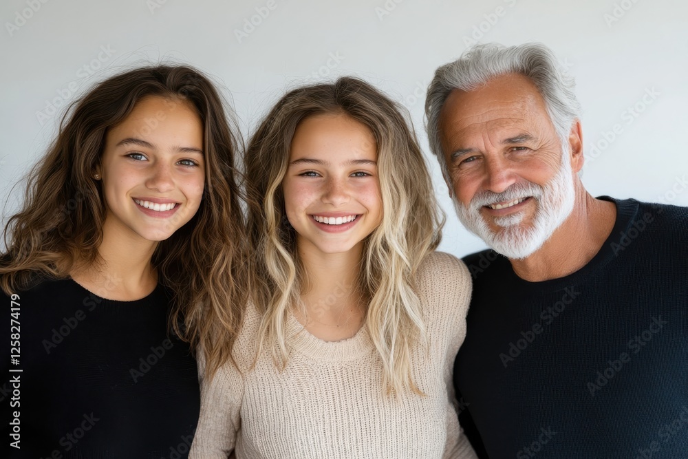 A joyful family portrait showcasing three generations — two young girls and a man with gray hair, all beaming with happiness and warmth against a neutral backdrop. A joyful family portrait showcasing three generations — two young girls and a man with gray hair, all beaming with happiness and warmth against a neutral backdrop.