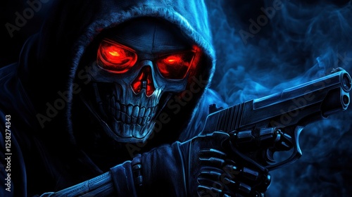 Grim reaper, gun, smoky background, digital art, game design